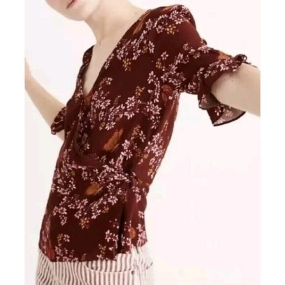 Madewell Tie Sleeve Wrap Top Burgundy Butterfly Size 2 - Picture 3 of 8
